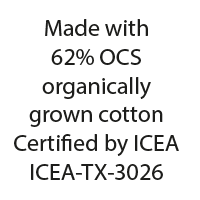 Made with 62% OCS organically grown cotton certified by ICEA ICEA-TX-3026